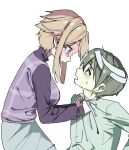  1boy 1girl alternate_breast_size_(larger) aojiru_(yume_2kki) bandaged_head bandages black_sweater blonde_hair commentary_request eye_contact green_eyes green_hair grey_skirt hair_flaps highres lim_(10000_us) looking_at_another plaid_clothes plaid_sweater_vest plaid_vest purple_eyes purple_sweater_vest purple_vest short_hair_with_long_locks sidelocks simple_background skirt sweater sweater_vest tearing_up turtleneck turtleneck_sweater urotsuki vest white_background yume_2kki 