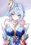  1girl arm_at_side bare_shoulders blue_gem blue_hair blush breasts character_name cleavage closed_mouth commentary gem genshin_impact hair_between_eyes hair_ornament heart_ornament large_breasts making-of_available odette_(genshin_impact) purple_eyes red_gem solo strapless upper_body yeni1871 