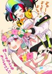  2girls absurdres bare_shoulders bikini bikini_top_only black_hair black_shorts blue_hair blush breasts closed_eyes commentary_request fate/grand_order fate_(series) flower_wreath grey_hair hair_ribbon hat head_wreath headphones headphones_around_neck highres innertube iris_(tb33064667) jacket kama_(fate) kama_(swimsuit_avenger)_(first_ascension)_(fate) kama_(young)_(fate) large_breasts multicolored_hair multiple_girls navel off_shoulder open_mouth pink_bikini red_eyes red_hair ribbon ruffling_hair sei_shounagon_(fate) sei_shounagon_(swimsuit_berserker)_(first_ascension)_(fate) short_hair short_shorts shorts smile swim_ring swimsuit thigh_strap twintails visor_cap white_bikini white_hair white_jacket yellow_background 