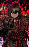  1girl armor arrow_(projectile) black_hair blue_eyes closed_mouth collared_shirt commentary_request dark-skinned_female dark_skin ehdbs1198 fur-trimmed_armor fur_trim gloves hair_between_eyes hair_ribbon high_ponytail highres im_gyeong-eop_(project_moon) korean_armor korean_commentary limbus_company long_hair looking_at_viewer necktie ponytail project_moon quiver red_aura red_ribbon ribbon scale_armor shirt solo sparkle studded_gloves studs 