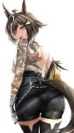  1girl absurdres ahoge animal_ears arm_tattoo arms_at_sides ass back back_tattoo backless_outfit backless_shirt bare_arms bare_shoulders bike_shorts black_corset black_shorts blue_eyes blue_pupils blush breasts brown_hair chess_piece commentary corset cowboy_shot crotch_seam dragon_tattoo ear_ornament fang from_behind gloves hair_ornament hairclip halterneck highres holding holding_chess_piece horse_ears horse_girl horse_tail large_breasts leaning_forward looking_at_viewer looking_back medium_hair multicolored_hair open_mouth pantylines parted_bangs rulership_(racing)_(umamusume) rulership_(umamusume) shirt shirt_tucked_in shorts shoulder_tattoo simple_background smile solo tail tail_through_clothes tattoo thighhighs two-tone_hair umamusume w.alise white_hair white_shirt 