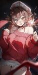  1girl absurdres ahoge blush brown_feathers brown_hair choker feather_hair_ornament feathers grey_eyes hair_between_eyes hair_ornament harasaki hat heterochromia highres indie_virtual_youtuber kumi_(vtuber) long_hair looking_at_viewer open_mouth orange_eyes pointy_ears red_choker red_sweater scar scar_across_eye scar_on_face single_off_shoulder solo star_(symbol) star_hair_ornament sweater thighs virtual_youtuber 