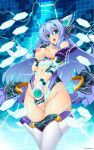  1girl :o absurdres bare_shoulders blue_eyes blue_hair blush breasts breasts_out checkered_background covering_crotch covering_privates electricity exs-tia exs-tia_(exs-tia_1) fingerless_gloves game_asset gloves groin hand_on_own_chest headgear highres inoino katsuragi_marina kouyoku_senki_exs-tia large_breasts leotard long_hair magical_girl navel nipples non-web_source official_art open_mouth puffy_nipples self-datamine solo thighhighs white_thighhighs 