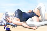  bad_id bad_pixiv_id blush breasts covered_nipples kamishirasawa_keine large_breasts one-piece_swimsuit physalis_gp school_swimsuit solo swimsuit thighhighs touhou 