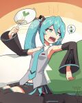  1girl armpits artist_name bare_shoulders black_boots black_skirt black_sleeves black_thighhighs blue_eyes blue_hair blue_necktie boots breasts bright_pupils collared_shirt commentary_request dated detached_sleeves digiral double-parted_bangs grey_shirt hair_between_eyes hand_fan hatsune_miku hatsune_miku_(vocaloid6) highres holding holding_fan hot long_hair long_sleeves miniskirt necktie open_mouth orange_background shirt sitting skirt sleeveless sleeveless_shirt small_breasts solo spoken_object sweat teeth thighhighs upper_teeth_only vegetable_juice vocaloid white_pupils 