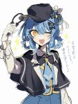  1girl :d ;d black_bow black_bowtie black_capelet black_hat blue_hair blue_necktie blue_skirt blue_vest bow bowtie braid braided_hair_rings capelet collared_shirt commentary deerstalker hair_bow hair_rings hat hat_bow highres holding holding_magnifying_glass long_sleeves looking_at_viewer magnifying_glass mahou_shoujo_no_majo_saiban necktie one_eye_closed open_mouth sabi_kkr shirt short_hair simple_background skirt smile solo tachibana_sherry translation_request untranslatable_commentary upper_body vest white_background white_shirt yellow_eyes 