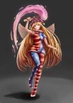  1girl absurdres american_flag american_flag_dress american_flag_print blonde_hair clownpiece commentary_request dress fairy fairy_wings flag_print full_body hat highres holding holding_torch jester_cap long_hair looking_at_viewer neck_ruff pantyhose pink_eyes polka_dot_headwear purple_hat short_sleeves solo star_(symbol) star_print striped_clothes striped_dress striped_pantyhose torch touhou very_long_hair wings zetubouog3 