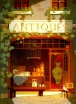  animal_focus antique_shop awning bench bird birdcage book building cage cat commentary cup door english_commentary english_text flower highres ivy ivytea kettle original pavement plant scenery shelf shop sidewalk storefront tabby_cat table tablecloth teacup tray vase window 