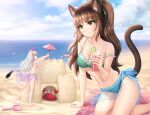  2girls alicia_(neko1967) animal_ear_fluff animal_ears arm_support artist_name beach bikini blue_sarong breasts brown_eyes brown_hair brown_tail building_sand_sculpture cat_ears cat_girl cat_tail cleavage cocktail_umbrella commentary commission crab cup drink drinking_glass english_commentary from_behind from_side gigamessy green_bikini green_ribbon hair_ribbon holding holding_drink kneeling light_blush long_hair looking_at_another medium_breasts mini_person minigirl mouse_ears mouse_girl multicolored_hair multiple_girls navel ocean original outdoors pink_bikini purple_eyes purple_hair purple_ribbon purple_sarong purple_streaks rachel_(neko1967) ribbon sand_castle sand_sculpture sarong see-through_clothes see-through_sarong sidelocks size_difference smile spaghetti_strap stomach strap_slip streaked_hair swimsuit tail white_hair 
