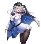  1girl absurdres adjusting_clothes adjusting_headwear armpits artist_request black_choker black_gloves black_hat black_pantyhose blonde_hair blue_cape blue_eyes breasts cape chamomile choker cleavage diamond_(shape) dress elbow_gloves flower flower_ornament game_asset gloves hair_over_one_eye hand_on_headwear hand_up hat hat_flower high_collar highres large_breasts long_hair looking_at_viewer multicolored_cape official_art pantyhose parted_hair peaked_cap poker_fate shiraishi_irina short_dress simple_background solo thighband_pantyhose transparent_background white_cape white_dress 