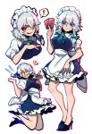 ! 1girl apron ascot back_bow between_fingers blue_dress blue_eyes blue_shoes bow braid breasts card card_between_fingers closed_mouth collared_shirt commentary dress full_body green_ascot green_bow grey_hair grin hair_bow high_heels highres holding holding_card iganashi1 izayoi_sakuya long_hair looking_at_viewer maid maid_headdress medium_breasts multiple_views puffy_short_sleeves puffy_sleeves red_eyes shirt shoes short_sleeves simple_background smile spoken_exclamation_mark touhou twin_braids waist_apron white_background white_bow white_shirt 