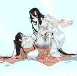  2boys absurdly_long_hair alternate_costume ass barefoot black_hair blush bound bound_legs chinese_clothes commentary couple faux_traditional_media feet full_body glassbearer grandmaster_of_demonic_cultivation grey_pants hair_ribbon hand_on_another's_chin hand_on_another's_leg hand_on_another's_thigh hanfu highres ink_wash_painting lan_wangji long_hair long_sleeves looking_at_another lying lying_on_person male_focus multiple_boys nipples on_back open_clothes open_mouth open_robe pants pants_rolled_up partially_undressed pectorals ponytail red_hanfu red_ribbon ribbon ribbon_bondage robe sidelocks simple_background sitting soles teeth untranslatable_commentary very_long_hair wei_wuxian white_background white_hanfu white_pants white_ribbon wide_sleeves yaoi 