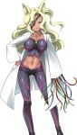  1girl animal_ears blonde_hair breasts cable closed_mouth collarbone contrapposto dark-skinned_female dark_skin eyepatch full_body game_asset hand_on_own_hip inoino jealousygil kouyoku_senki_exs-tia lab_coat large_breasts lipstick long_hair long_sleeves looking_at_viewer makeup midriff navel non-web_source official_art open_clothes pants purple_eyes purple_lips self-datamine simple_background smile solo standing tachi-e tight_clothes tight_pants transparent_background variant_set wavy_hair wire 
