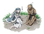  1boy 1girl ? armor barefoot bee_n_k_t blue_cape blue_eyes braid cape choker commentary_request covered_eyes doll_joints dress elden_ring elden_ring_nightreign executor_(elden_ring) facing_viewer flower_wreath full_body gold_trim grass head_wreath helmet helmet_over_eyes jewelry joints kneeling low_twin_braids motion_lines parted_bangs pointing revenant_(elden_ring) samurai three-quarter_sleeves twin_braids twitter_username upper_body veil white_background white_choker white_dress white_hair white_veil white_wrist_cuffs wide_sleeves wrist_cuffs 