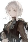  1girl black_coat black_vest blue_eyes brown_sweater closed_mouth coat coat_on_shoulders faust_(project_moon) highres limbus_company looking_at_viewer project_moon short_hair solo sweater ttehomase turtleneck turtleneck_sweater upper_body vest white_background white_hair 