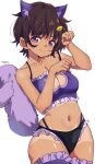  1girl absurdres alternate_costume aokaly bikini black_hair breasts cat_cutout cleavage cleavage_cutout closed_mouth clothing_cutout collarbone commentary cowboy_shot fake_tail food-themed_hair_ornament frilled_bikini frilled_thigh_strap frills hair_ornament highres large_breasts lemon_hair_ornament looking_at_viewer make_heroine_ga_oo_sugiru! multi-strapped_bikini_bottom navel purple_bikini purple_eyes short_hair simple_background solo swimsuit tail tanlines thigh_strap white_background yakishio_lemon 
