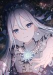  1girl air_bubble bubble clock_hands commentary double-parted_bangs english_commentary frills hair_between_eyes hand_up highres long_hair looking_at_viewer minasoko_ni_kage_wo_sagashite_(project_sekai) miton_310 musical_note offering_hand official_alternate_costume open_hand project_sekai roman_numeral smile solo upper_body yoisaki_kanade 