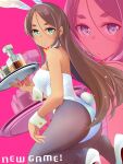  1girl ahagon_umiko alcohol animal_ear_hairband animal_ears ass black_pantyhose bottle bow bowtie breasts brown_eyes chuutaro_metal commentary_request dark-skinned_female dark_skin detached_collar fake_animal_ears green_eyes hairband highres leotard looking_at_viewer new_game! pantyhose pink_background playboy_bunny rabbit_ears rabbit_tail shoes solo strapless strapless_leotard tail thick_eyebrows tray whiskey white_leotard white_shoes wrist_cuffs yellow_bow yellow_bowtie zoom_layer 