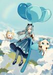 1girl absurdres ahoge animal bare_arms bare_shoulders black_bow black_bowtie black_gloves black_shoes blue_flower blue_skirt blue_sky bow bowtie brown_eyes cat chinese_commentary cloak clothed_animal cloud commentary_request dot_nose ear_covers eyelashes floating_hair floral_memory_(infinity_nikki) floral_print flower flying frilled_shirt frills full_body gloves grey_hair grey_pantyhose hair_bow happy high-waist_skirt high_heels highres himawari901 hood hood_up hooded_cloak in_bubble infinity_nikki light_particles long_hair looking_at_viewer medium_skirt momo_(nikki) nikki_(series) open_mouth oversized_flower pantyhose piecey pleated_skirt ponytail print_skirt pumps rainbow red_bow red_bowtie shirt shoes sitting skirt sky sleeveless sleeveless_shirt smile traditional_bowtie v-shaped_eyebrows wavy_hair whiskers white_cat white_shirt wind x_navel yellow_cloak 