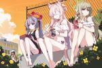  6+girls akira_(blue_archive) animal_ear_fluff animal_ears bandaged_arm bandaged_leg bandages barefoot bento bikini black_hair black_nails black_one-piece_swimsuit blue_archive breasts can cat_ears cat_girl cat_tail chain-link_fence closed_mouth cloud commentary cup disposable_cup empty_eyes feet fence flower frilled_bikini frills green_hair grey_hair halo heart-shaped_lock highres holding holding_bento holding_can ideolo kaya_(blue_archive) lock medium_breasts misuzu_(blue_archive) miyo_(blue_archive) multiple_girls nail_polish one-piece_swimsuit orange_sky outdoors pink_hair red_eyes ring_of_light_(blue_archive) ritsu_(blue_archive) shuro_(blue_archive) sitting sky sweatdrop swimsuit tail toenail_polish toenails toes twintails white_bikini yellow_flower 