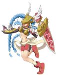  1girl absurdres ankle_boots armor bandaged_arm bandages bike_shorts bikini_armor black_gloves black_tube_top blue_hair boots braid buckler commentary covered_eyes digimon digimon_(creature) english_commentary flat_chest full_body gauntlets gloves gold_armor gold_helmet groin hair_ribbon helmet helmet_over_eyes highres holding huge_weapon long_hair midriff minervamon navel ninja_dave red_boots ribbon shield shoulder_pads sidelocks simple_background single_gauntlet solo standing standing_on_one_leg strapless sword tongue tongue_out tress_ribbon tube_top twin_braids very_long_hair waist_cape weapon white_background winged_helmet 