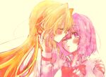  2girls amaori_renako ao_(aymr6215) ashigaya_high_school_uniform blonde_hair blush bow bowtie closed_eyes collared_shirt commentary_request hand_on_another's_face hand_on_another's_shoulder highres light_particles long_hair medium_hair multiple_girls ouzuka_mai pink_hair purple_eyes red_bow red_bowtie school_uniform shirt simple_background upper_body watashi_ga_koibito_ni_nareru_wake_naijan_murimuri! white_shirt yellow_background yuri 