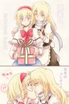  2girls alice_margatroid bad_id bad_pixiv_id blonde_hair blush bow bowtie capelet couple gift hairband hand_on_another's_face highres hiroya_masaharu juliet_sleeves kirisame_marisa kiss long_sleeves multiple_girls one_eye_closed popped_collar profile puffy_sleeves scarf touhou translated yuri 