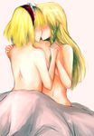  alice_margatroid back bad_id bad_pixiv_id blonde_hair couple from_behind hair_over_eyes hairband hand_on_shoulder hiroya_masaharu holding_hands interlocked_fingers kirisame_marisa kiss long_hair multiple_girls naked_sheet no_hat no_headwear nude short_hair simple_background touhou yuri 