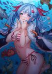  1girl ahoge alternate_breast_size_(larger) aqua_eyes aqua_hair aqua_nails bikini blush breasts clam cleavage closed_mouth coat commentary_request crab fingernails fish fur-trimmed_coat fur_trim hatsune_miku heart heart_in_eye highres inue_ao large_breasts looking_at_viewer multicolored_bikini nail_polish navel official_alternate_costume official_alternate_hairstyle red_bikini seaweed shrimp side-tie_bikini_bottom smile solo stomach striped_bikini striped_clothes swimsuit symbol_in_eye tongue tongue_out two-tone_bikini umi_no_searchlight_(vocaloid) underwater variant_set vocaloid white_bikini yuki_miku yuki_miku_(2022) 
