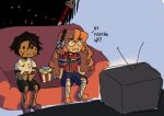  2026_fifa_world_cup 3boys 4girls araya_(project_moon) commentary dark-skinned_female dark-skinned_male dark_skin e.g.o_(project_moon) english_commentary faust_(project_moon) food freckles gregor_(project_moon) heathcliff_(project_moon) ishmael_(project_moon) limbus_company long_hair multiple_boys multiple_girls nervous_sweating norwegian_flag_print orange_hair outis_(project_moon) popcorn project_moon real_life renketsuen_(e.g.o) ryoshu_(project_moon) scar short_hair sweat sword television ultranecrozma13 weapon world_cup 