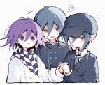  !? 3boys ^^^ black_hat black_jacket black_scarf blue_hair blue_necktie buttons checkered_clothes checkered_scarf chromatic_aberration collared_shirt commentary_request danganronpa_(series) danganronpa_v3:_killing_harmony diagonal-striped_clothes diagonal-striped_necktie double-parted_bangs dual_persona flying_sweatdrops hat holding_hands jacket lapels long_bangs male_focus multiple_boys necktie notched_lapels oma_kokichi open_mouth purple_eyes purple_hair saihara_shuichi scarf shirt short_hair simple_background smile spoken_interrobang striped_clothes striped_necktie suisei_(su_rkgk) sweat two-tone_scarf white_background white_jacket white_scarf white_shirt yellow_eyes 
