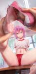  1girl 1other absurdres aqua_eyes arms_behind_back barefoot blush breasts buruma classroom closed_mouth commentary_request covered_nipples desk embarrassed eyelashes feet foot_focus foot_out_of_frame foreshortening gym_uniform hair_between_eyes highres holding holding_shoes holding_unworn_clothes indoors looking_at_viewer navel no_socks on_desk original pink_hair pink_shoes pov red_buruma removing_shoes school_desk shadow shirt shoes short_twintails sitting small_breasts smell sneakers soles speech_bubble spread_legs steaming_body thighs toes twintails unworn_shoes wet wet_clothes wet_shirt white_shirt window yui_hiroshi 