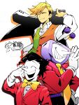  3boys absurdres ant_tenna belt belt_buckle black_jacket black_pants blonde_hair bow bowtie buckle closed_eyes collared_shirt colored_skin commentary_request crt deltarune drop_shadow flowery_(deltarune) gloves hand_on_own_hip hand_up highres holding holding_unworn_clothes holding_unworn_jacket jacket kuromituka_2 long_nose male_focus multiple_boys necktie object_head pants pointy_nose purple_belt radio_antenna red_jacket shirt short_hair signature smile spamton_g._spamton spamton_g._spamton_(big_shot) twitter_username two-tone_vest unworn_jacket utdr_(toby_fox) white_background white_gloves white_shirt white_skin yellow_bow yellow_bowtie yellow_necktie 