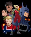  1girl 2026_fifa_world_cup absolute_batman absolute_dc back_spikes bat_mask batman batman_(absolute_dc) batman_symbol blonde_hair bodysuit character_request collared_jumpsuit dark-skinned_male dark_skin dc_comics erling_haaland green_track_suit grey_bodysuit hicham_habchi highres jumpsuit multicolored_jumpsuit multicolored_suit multiple_boys ponytail stephanie_brown stephanie_brown_(absolute_dc) superhero_costume taut_bodysuit taut_clothes track_suit two-tone_suit world_cup 