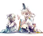  adapted_costume bad_id bad_pixiv_id bandages cis_(carcharias) detached_sleeves error flower frilled_skirt frills green_eyes green_hair hair_flower hair_ornament hands_on_own_knees hat japanese_clothes kariginu long_hair mononobe_no_futo multiple_girls open_mouth papercraft ponytail short_hair silver_eyes silver_hair simple_background skirt smile soga_no_tojiko squatting tate_eboshi tears touhou white_background wide_sleeves 
