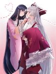  2girls adversarial_noise bamboo_print black_eyes black_hair blush bow bowtie carrying carrying_person closed_mouth collared_shirt commentary_request derivative_work eye_contact frilled_shirt_collar frilled_skirt frilled_sleeves frills fujiwara_no_mokou gradient_background grey_hair hair_bow heart heart_of_string highres houraisan_kaguya long_hair long_skirt long_sleeves looking_at_another mokoiscat multi-source_commentary multiple_girls ofuda ofuda_on_clothes pants pink_shirt princess_carry print_skirt red_eyes red_pants red_skirt shirt skirt smile socks suspenders sweatdrop touhou very_long_hair white_bow white_bowtie white_shirt white_socks wide_sleeves yuri 