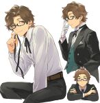 1boy bangs_pinned_back belt between_legs black-framed_eyewear black_jacket black_pants black_ribbon brown_belt brown_eyes brown_hair closed_mouth commentary_request crossed_arms dress_shirt formal_clothes glasses gloves green_vest hand_between_own_legs hiraga_keisuke holding holding_ribbon invisible_chair isa_(peien516) jacket looking_at_viewer male_focus multiple_views neck_ribbon pants persona persona_3 rectangular_eyewear ribbon shirt shirt_tucked_in short_hair simple_background sitting smile suit_jacket suit_pants vest white_background white_gloves white_shirt 