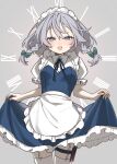  1girl :d absurdres apron blue_dress blue_eyes blue_ribbon blush bow braid breasts collared_shirt commentary_request dress frilled_dress frills garter_straps green_bow grey_background grey_hair hair_bow highres holding_own_dress izayoi_sakuya long_hair looking_at_viewer maid maid_headdress neck_ribbon open_mouth puffy_short_sleeves puffy_sleeves ribbon roman_numeral shirt short_sleeves simple_background small_breasts smile solo sumiyama_sui thigh_sheath thigh_strap thighhighs touhou twin_braids waist_apron white_shirt white_thighhighs 
