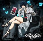  1girl bare_legs belt black_choker black_nails black_sandals blue_butterfly blue_hair blush breasts bug butterfly cabinet chair chaosoded character_name choker clipboard closed_mouth coat collar commentary crossed_legs death_(tarot) dress english_commentary feet file_cabinet gladiator_sandals grey_background high_heels highres holding holding_clipboard id_card indoors jewelry lab_coat legs long_sleeves looking_at_viewer nail_polish necklace office_chair one_piece persona persona_5 red_belt red_eyes sandals short_dress short_hair sitting small_breasts stiletto_heels studded_choker studs swivel_chair takemi_tae tarot thighs toenail_polish toenails white_coat 