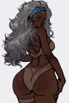  1girl absurdres ass back bikini blush breasts dark-skinned_female dark_skin earrings from_behind highres huge_ass jewelry long_hair looking_back marvel peter_chai revealing_clothes simple_background storm_(x-men) swimsuit very_long_hair white_background white_eyes white_hair x-men 