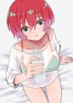  1girl amate_yuzuriha aqua_bra bhachi88888888 bottle bra breasts commentary_request gundam gundam_gquuuuuux highres holding holding_bottle looking_at_viewer open_mouth red_hair shirt short_hair simple_background solo thighs underwear water_bottle wet wet_clothes wet_shirt white_background white_shirt 