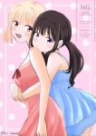  2girls blonde_hair blue_dress brown_hair commentary_request dress highres hug hug_from_behind inoue_takina lycoris_recoil mizuki_(mi_lycoreco) multiple_girls nishikigi_chisato open_mouth pink_background pink_dress polka_dot polka_dot_background purple_eyes red_eyes short_twintails smile twintails twitter_username watermark yuri 