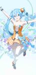  1girl absurdres aqua_bow aqua_eyes aqua_hair armpits bare_shoulders bow breasts commentary dress full_body hair_between_eyes hatsune_miku hatsune_miku_(orange_blossom) highres long_hair looking_at_viewer open_mouth orange_dress orange_trim outstretched_arms project_diva_(series) small_breasts smile solo strapless strapless_dress thighhighs very_long_hair vocaloid white_thighhighs xisifbsosb 