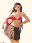  1girl ball beachball bikini bikini_top_only black_hair black_male_swimwear blush breasts contrapposto cowboy_shot gionaqiaonai hand_on_own_hip highres holding holding_ball holding_beachball long_hair male_swimwear medium_breasts navel pink_bikini smile solo swimsuit synthesizer_v yi_xi_(synthesizer_v) 