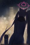  1boy 1girl animal_ears aqua_ribbon bag black_coat black_hair black_scarf blue_archive blue_sky blurry bokeh building cat_ears cat_girl coat commentary_request depth_of_field facing_ahead from_behind fujiwara_haru_(nekonote) hair_ribbon halo head_on_another's_shoulder highres leaning_on_person long_hair night out_of_frame outdoors pink_halo ribbon scarf school_bag sensei_(blue_archive) serika_(blue_archive) sitting sky skyscraper star_(sky) starry_sky twintails very_long_hair window_light 