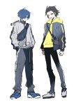  2boys alternate_costume amamiya_ren bag black_bag black_hair black_jacket black_pants blue_eyes blue_hair blue_shoes character_charm charm_(object) closed_mouth contrapposto fanny_pack grey_jacket grey_pants hair_over_one_eye hair_slicked_back hands_in_pockets highres hood hood_down hoodie jack_frost_(megami_tensei) jacket long_sleeves looking_at_viewer male_focus mochizuki_ryouji mole mole_under_eye multicolored_jacket multiple_boys one_eye_covered open_clothes open_jacket open_mouth pants parted_bangs persona persona_3 shoes short_hair shoulder_bag side-by-side smile sneakers standing twitter_username vertical-striped_sleeves white_background white_shoes yellow_hoodie yellow_jacket zeka_(skzk_cm) zipper 