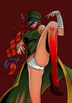  alternate_hairstyle alternate_headwear bandages blood blue_eyes braid dress fighting_stance green_dress hat highres hong_meiling leg_up legs long_hair panties rapuka red_background simple_background sleeveless sleeveless_dress solo touhou twin_braids underwear white_panties 