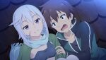  1boy 1girl anime_coloring black_jacket black_shirt blue_scarf brown_hair capelet chris_(konosuba) closed_mouth collarbone crop_top diamond_earrings dutch_angle earrings game_asset green_capelet green_eyes green_jacket grey_hair half-closed_eyes hand_on_another's_shoulder highres jacket jewelry kono_subarashii_sekai_ni_shukufuku_wo! kono_subarashii_sekai_ni_shukufuku_wo!_kono_yokubukai_game_ni_shinpan_o! looking_at_another multicolored_jacket night non-web_source official_art on_roof open_clothes open_jacket open_mouth outdoors purple_eyes satou_kazuma scar scar_on_cheek scar_on_face scarf self-datamine shirt short_hair side_ahoge sitting_on_roof smile sweat thighhighs tile_roof track_suit two-tone_jacket upper_body variant_set white_thighhighs 