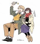  1boy 1girl ^_^ ahoge animal arm_up artist_name black_cat black_fur black_necktie black_shoes blonde_hair boots brown_boots brown_eyes brown_fur brown_hair brown_pants buttons camera_flash cat cellphone closed_eyes coat commentary_request confused couple cradling dress_shirt dress_shoes from_side full_body fur-trimmed_coat fur_boots fur_trim green_jacket happy highres holding holding_animal holding_cat jacket layered_clothes light_blush long_skirt looking_at_phone necktie open_mouth orange_cat original otokawa_akari oxfords pants pantyhose phone purple_skirt red_scarf ribbed_socks scarf selfie shirt shoes short_hair simple_background sitting skirt smartphone socks suit_pants translation_request triangle_mouth two-tone_fur ugg_boots v-shaped_eyebrows white_background white_fur white_shirt white_socks 