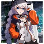  1girl ahoge blue_eyes bodysuit border braid breasts chinese_commentary cleavage commentary_request covered_navel henjiwumei highres honkai_(series) honkai_impact_3rd jacket kiana_kaslana kiana_kaslana_(white_comet) long_hair looking_at_viewer medium_breasts multicolored_jacket parted_lips solo twin_braids vending_machine very_long_hair white_bodysuit white_border white_hair 